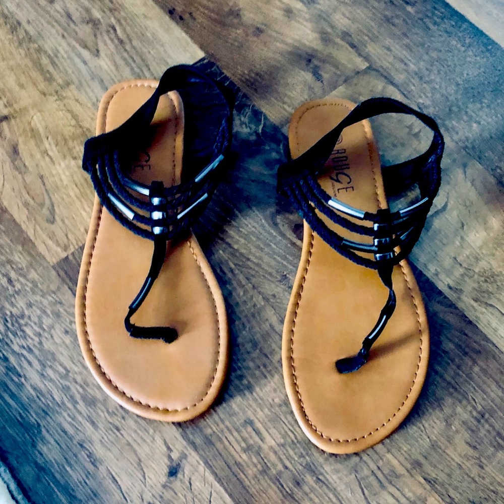 Rouge Helium Black Strappy Sandals with Tan Sole